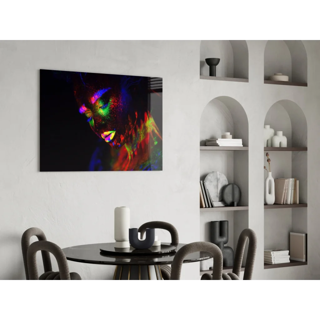 Vibrant neon glow portrait canvas wall art with UV reactive colors