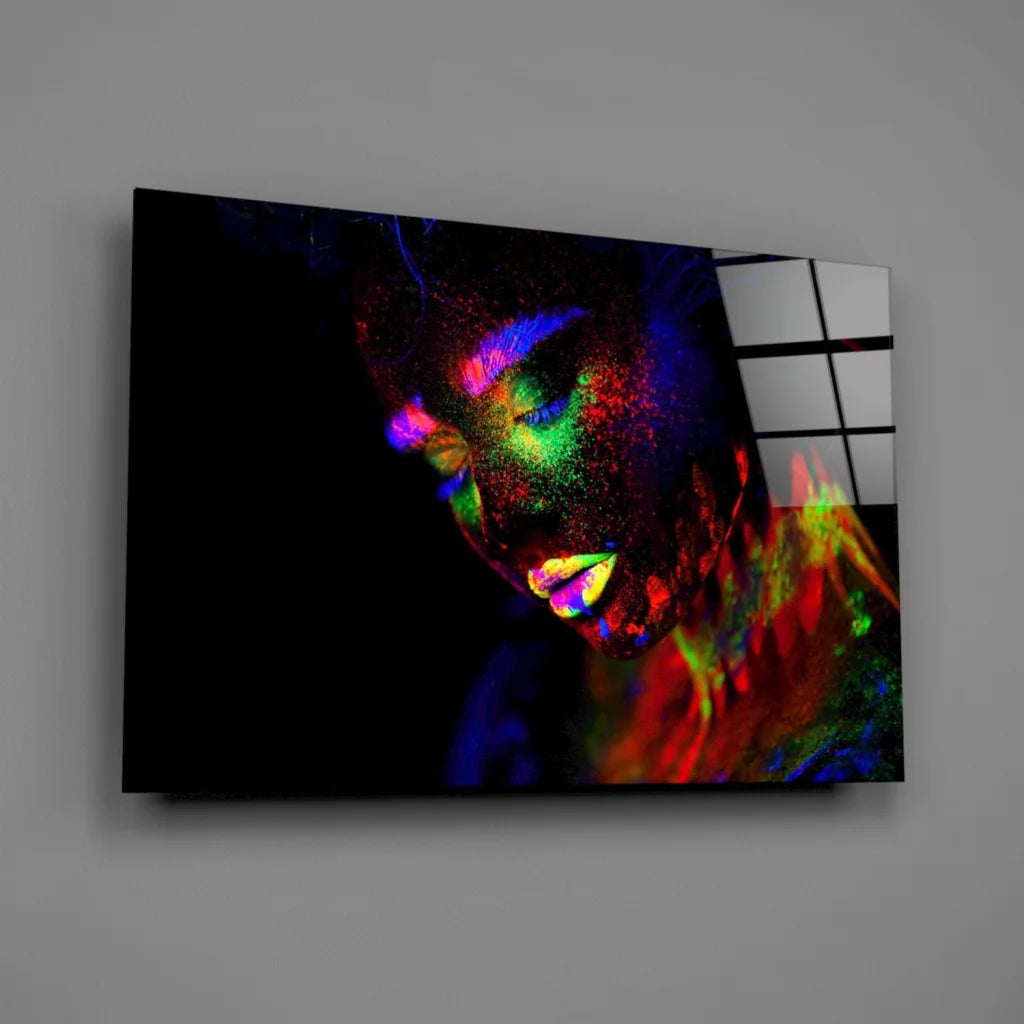 Vibrant neon glow portrait canvas wall art of womans face in UV reactive colors