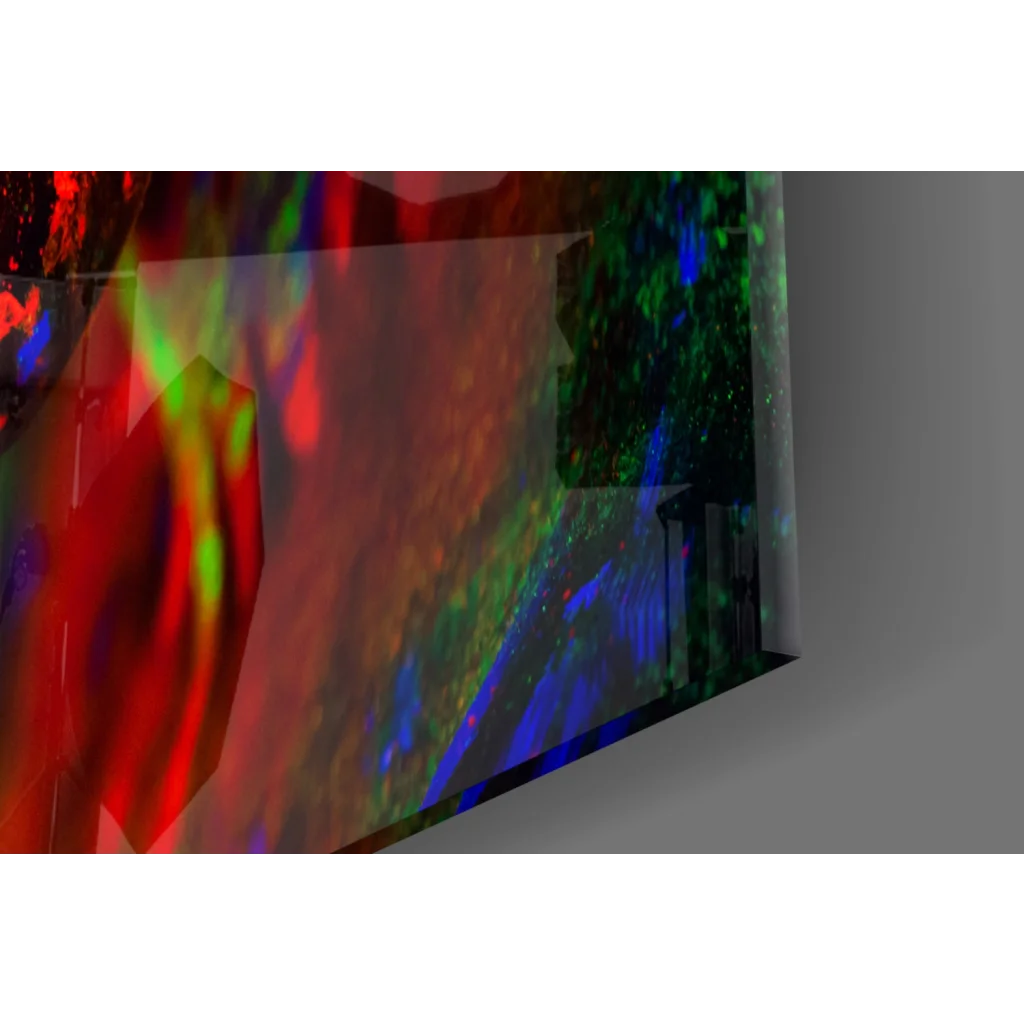 Vibrant multicolored opal glass wall art with UV reactive iridescent flashes