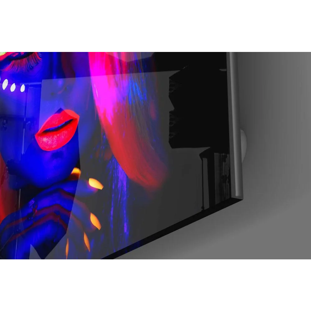 Vibrant neon glow portrait glass wall art with bold red lips and electric blue pink hues