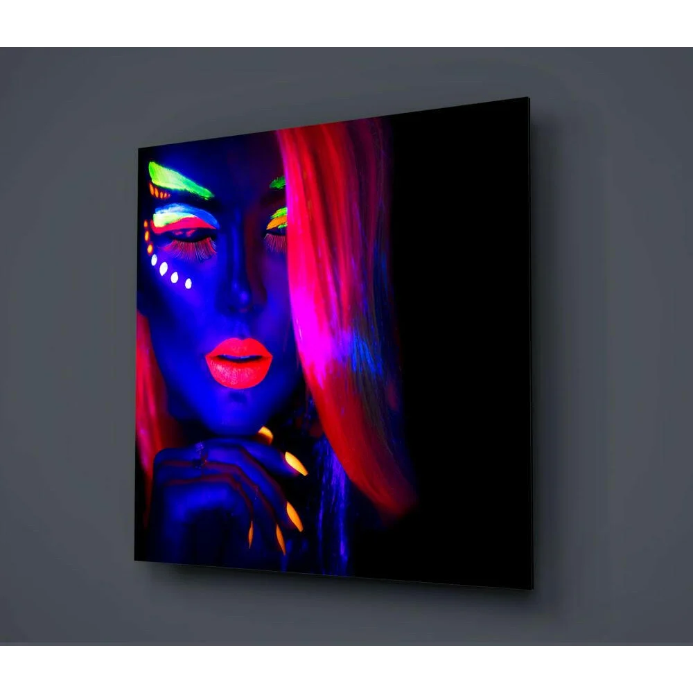 Vibrant neon glow portrait glass wall art of woman with blue skin and pink hair