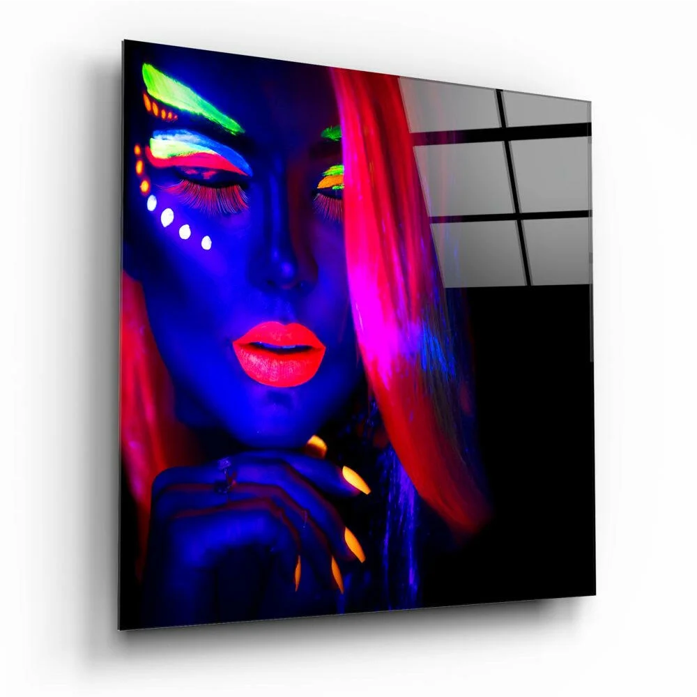 Vibrant neon glow portrait of woman in glass wall art with electric green, pink, orange accents
