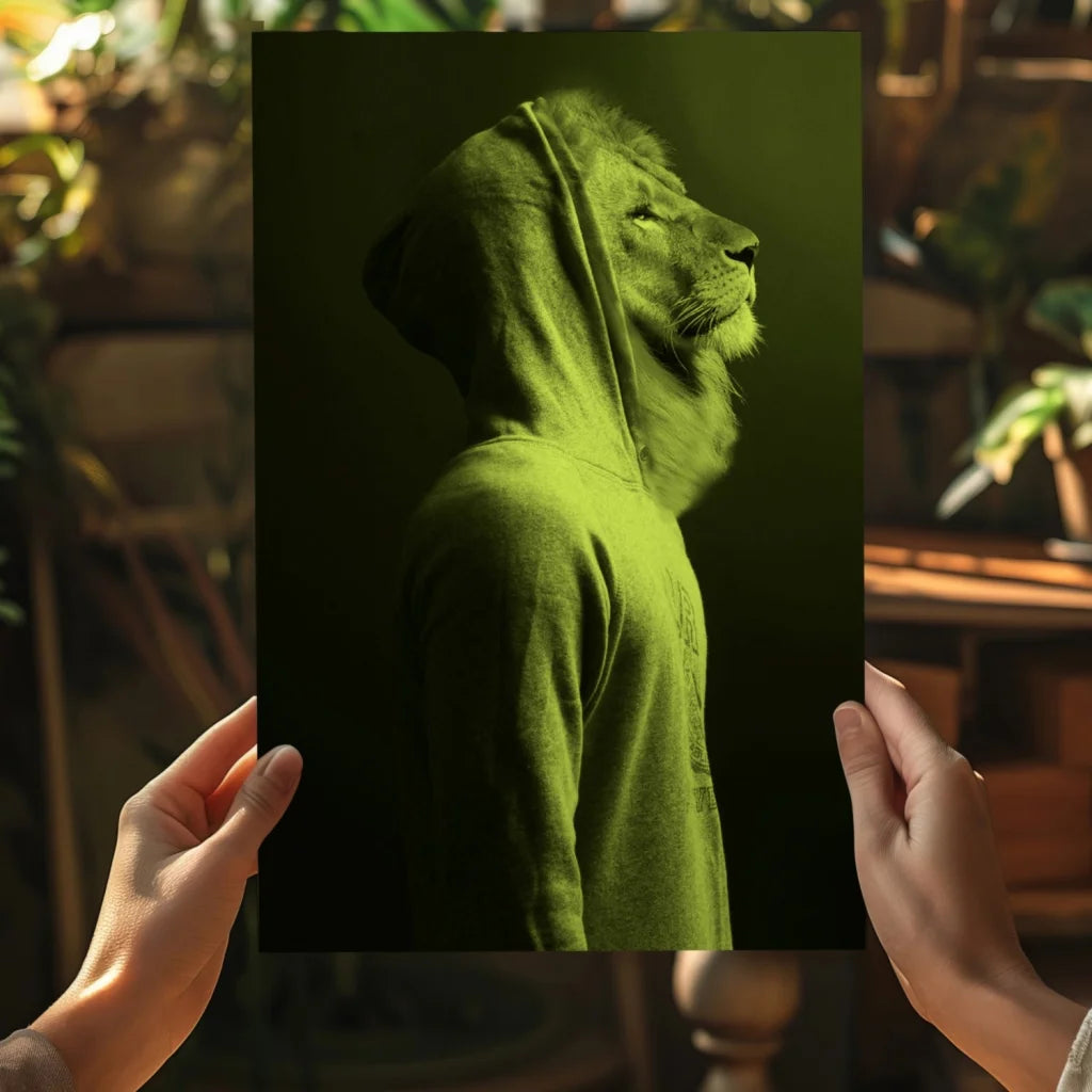 Vibrant Neon Green Lion hoodie art print on cotton-poly blend canvas