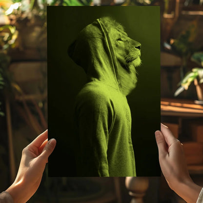 Vibrant Neon Green Lion hoodie art print on cotton-poly blend canvas