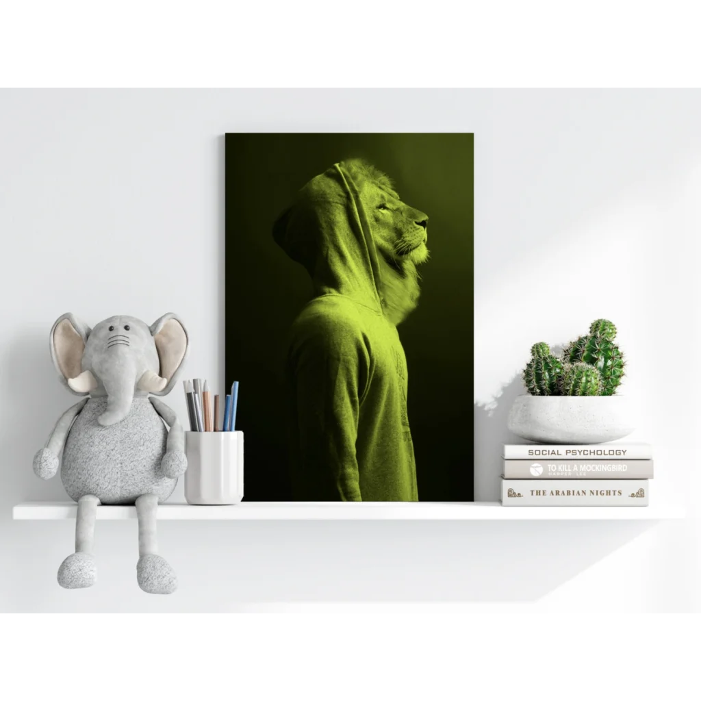 Neon green lion hoodie canvas art print with minimalist green hooded sweatshirt design