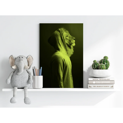 Neon green lion hoodie canvas art print with minimalist green hooded sweatshirt design