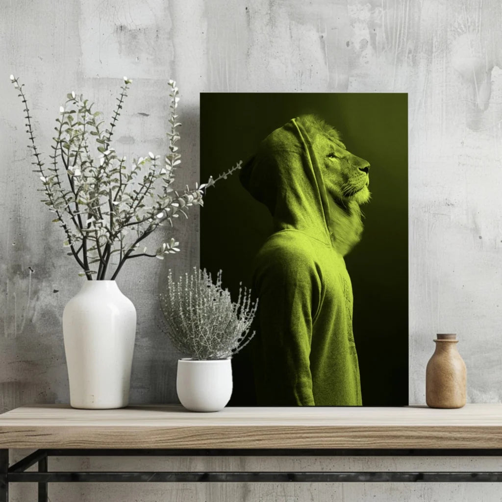Neon green lion hoodie canvas art print on dark background