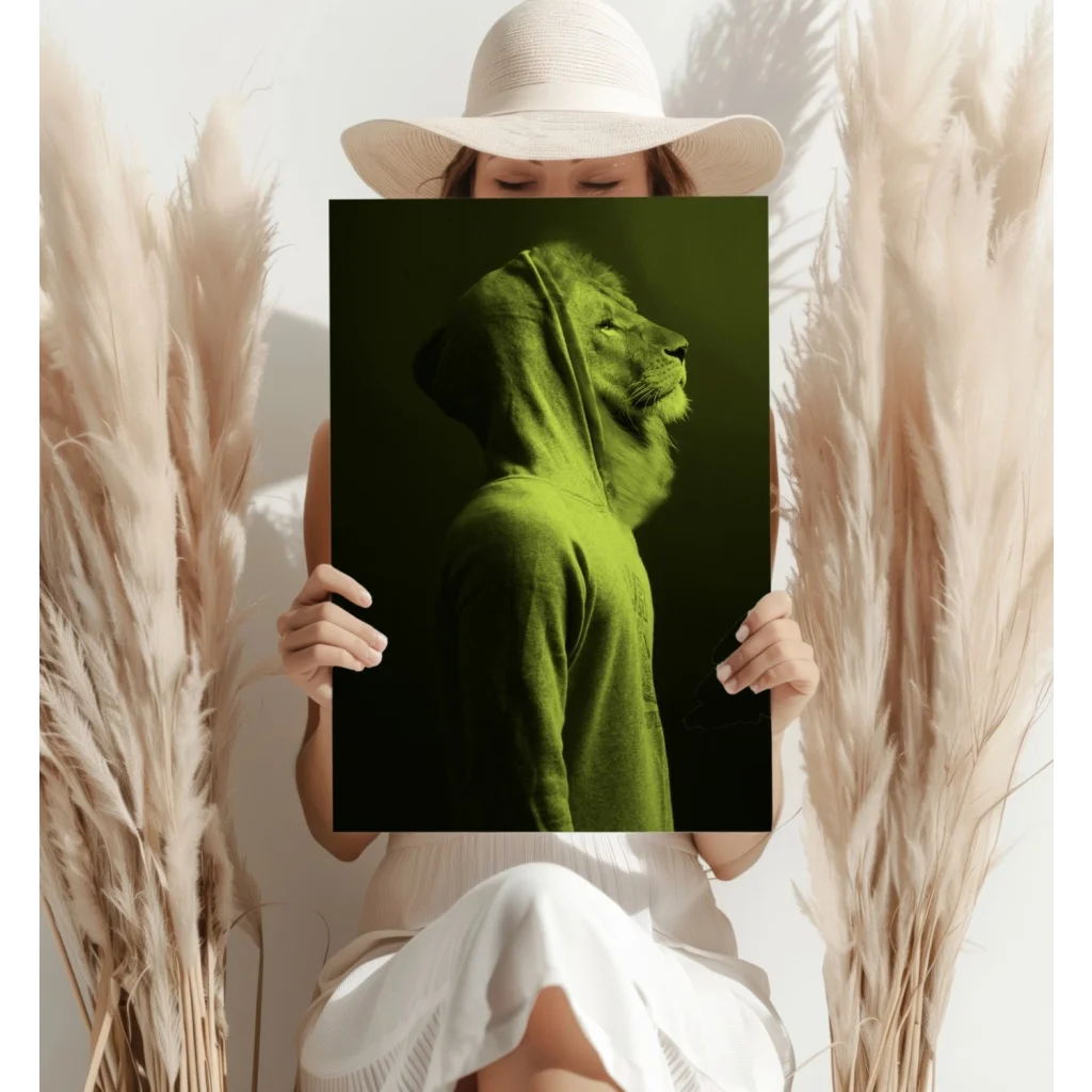 Neon green lion hoodie art print on canvas