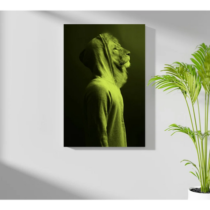 Lime green lion hoodie art print on soft cotton canvas