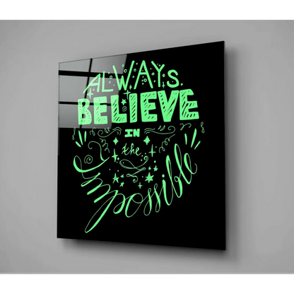 Sleek black Neon Green Motivational Glass Wall Art with impossible quote