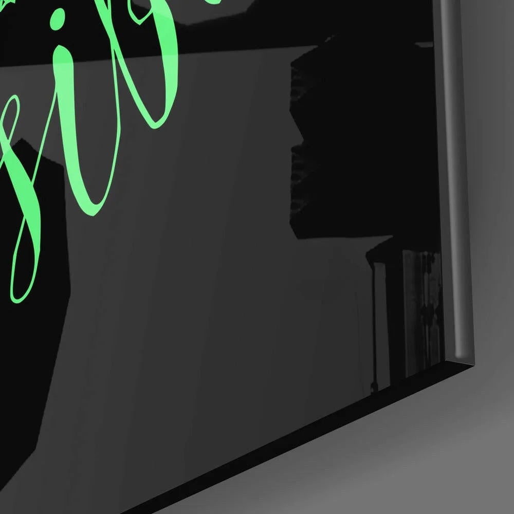 Sleek black glass wall art with neon green Impossible Quote