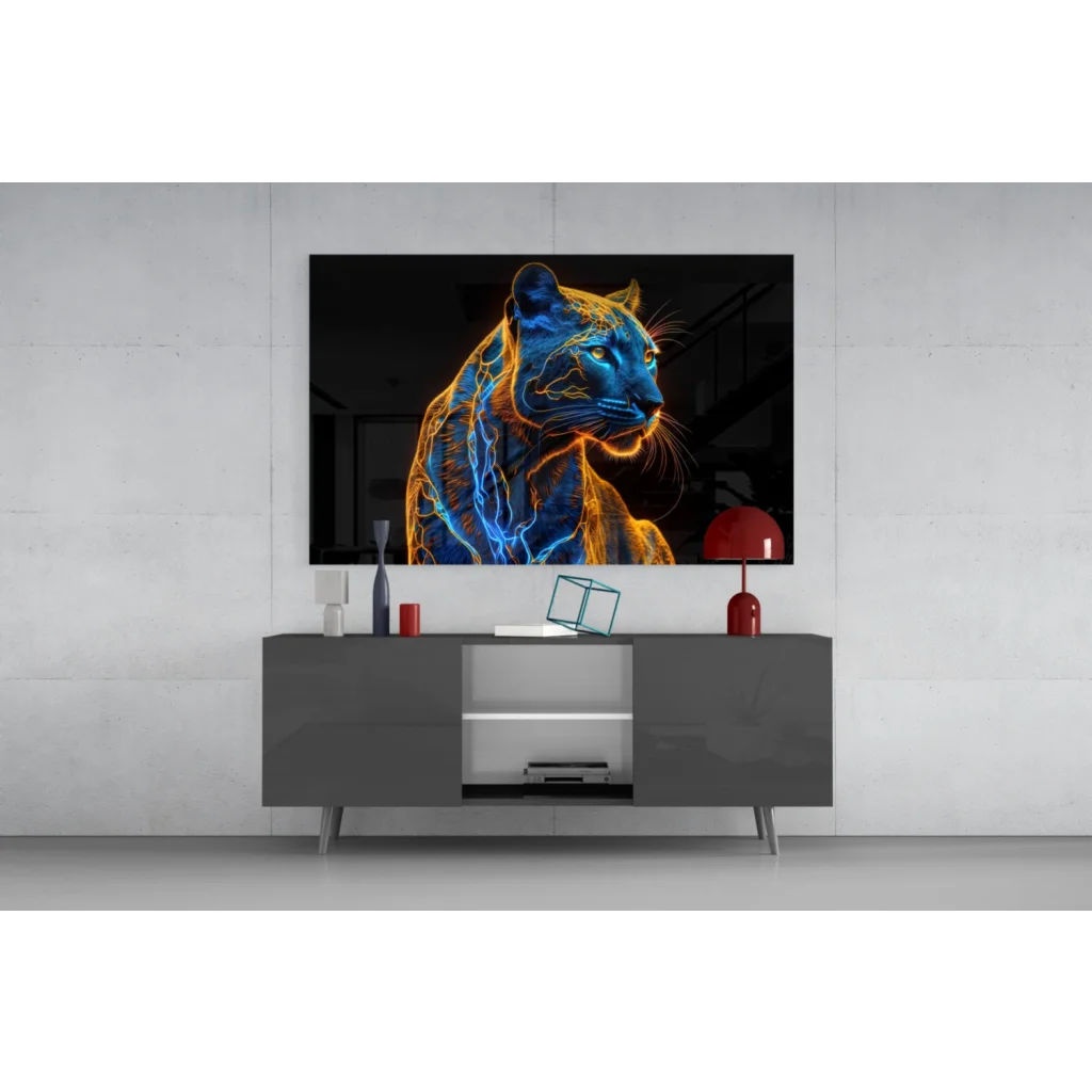 Neon Panther glass wall art with vibrant blue orange glow on gray console