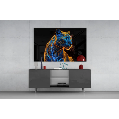 Neon Panther glass wall art with vibrant blue orange glow on gray console