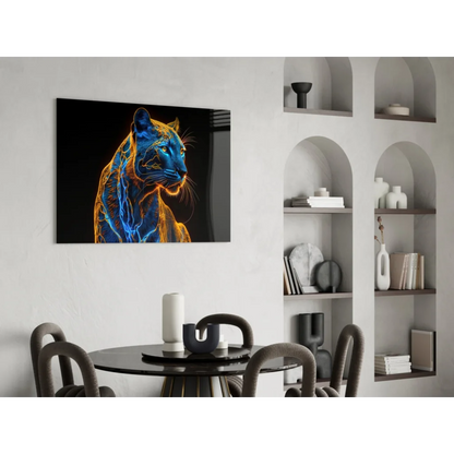 Vibrant neon blue orange tiger glass wall art on black canvas