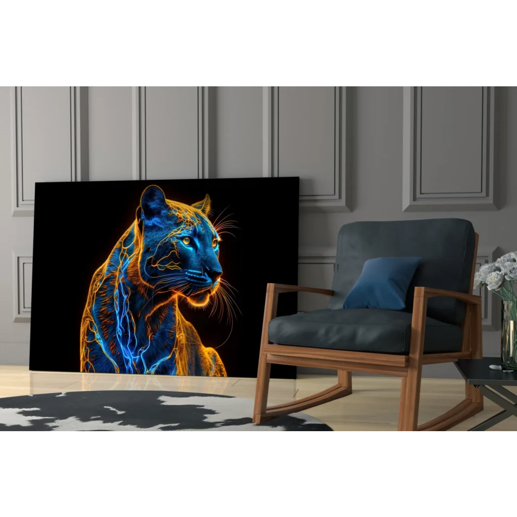 Vibrant neon blue orange glow on black panther glass wall art