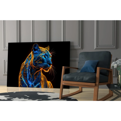 Vibrant neon blue orange glow on black panther glass wall art