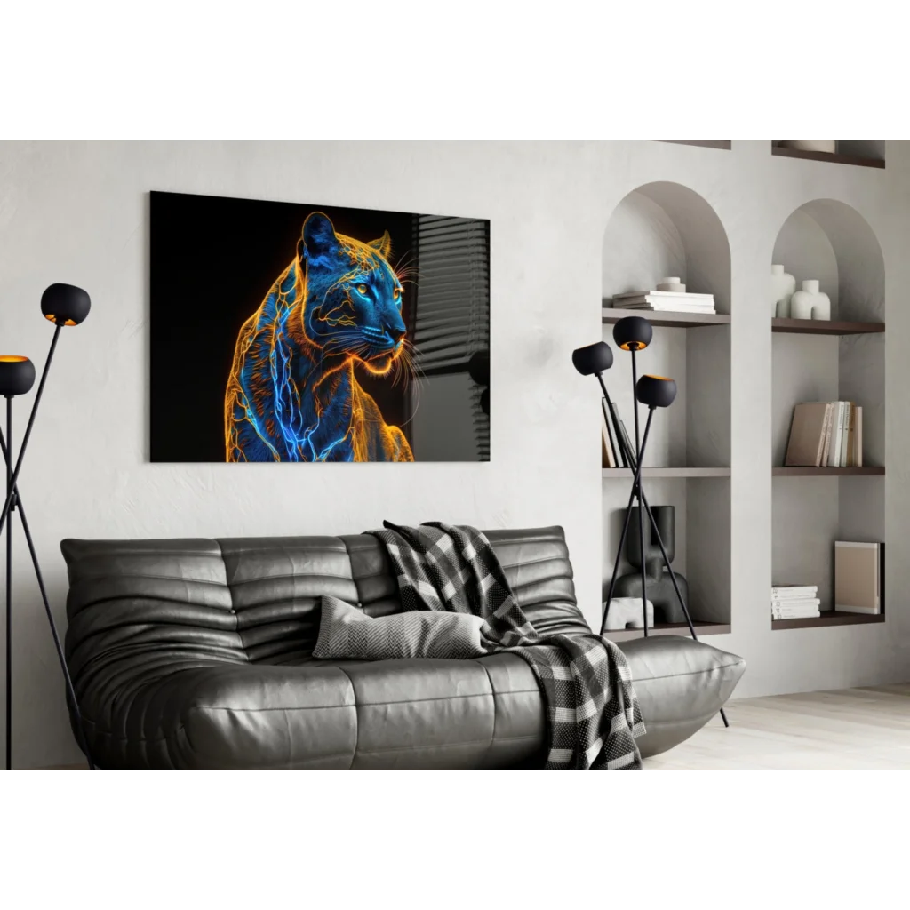 Vibrant neon blue orange tiger glass wall art on black canvas