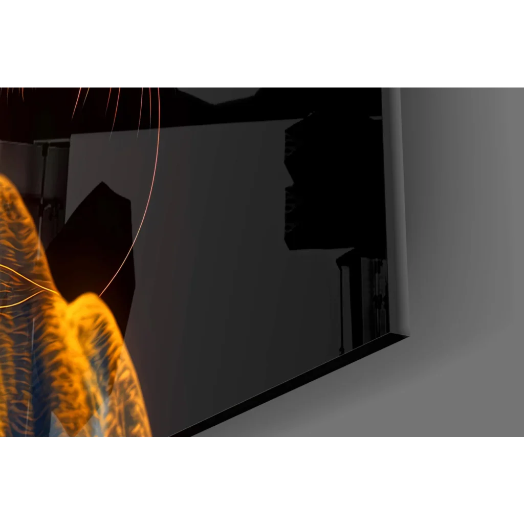 Sleek black-framed glass wall art with neon orange blue glow