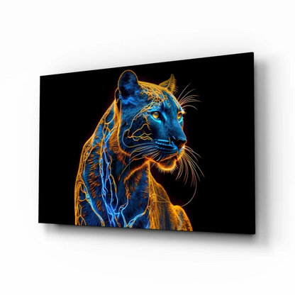 Neon blue gold electric panther glass wall art print