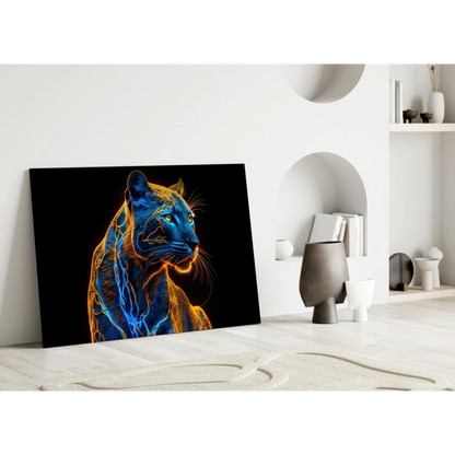 Stylized black panther neon glow on glass wall art