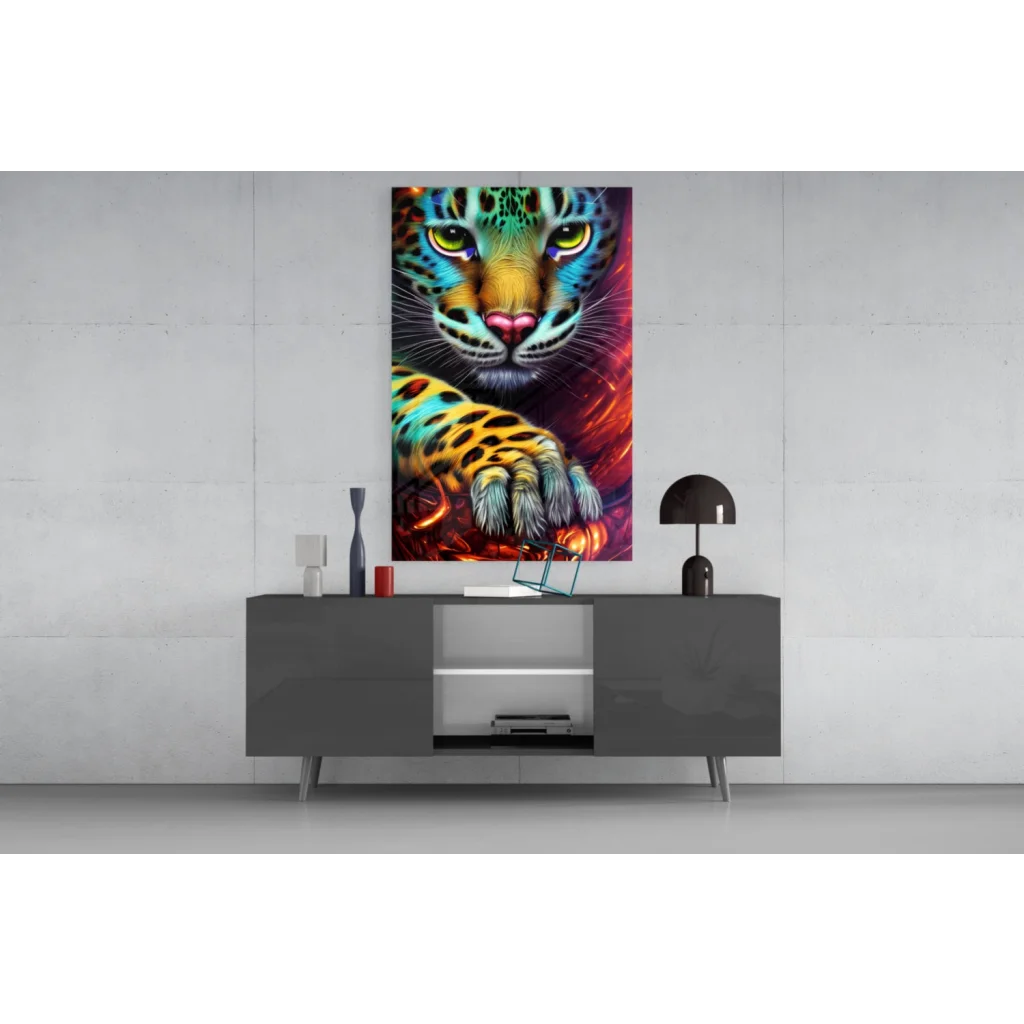 Vibrant neon jaguar glass wall art with electric green eyes and multicolored fur
