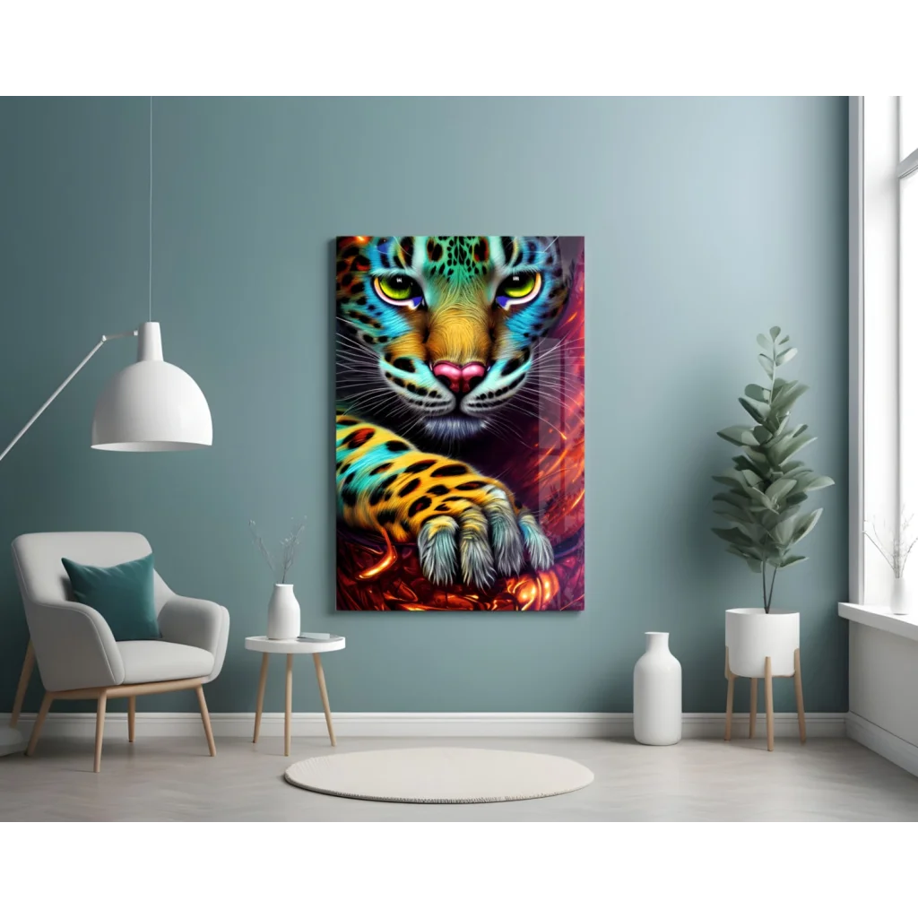 Vibrant neon jaguar glass wall art with electric green eyes