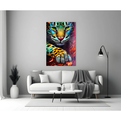 Vibrant neon jaguar glass wall art with electric green eyes