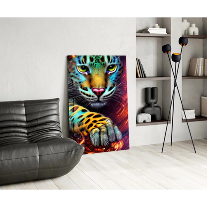 Vibrant neon jaguar glass wall art with electric green eyes and multicolored fur