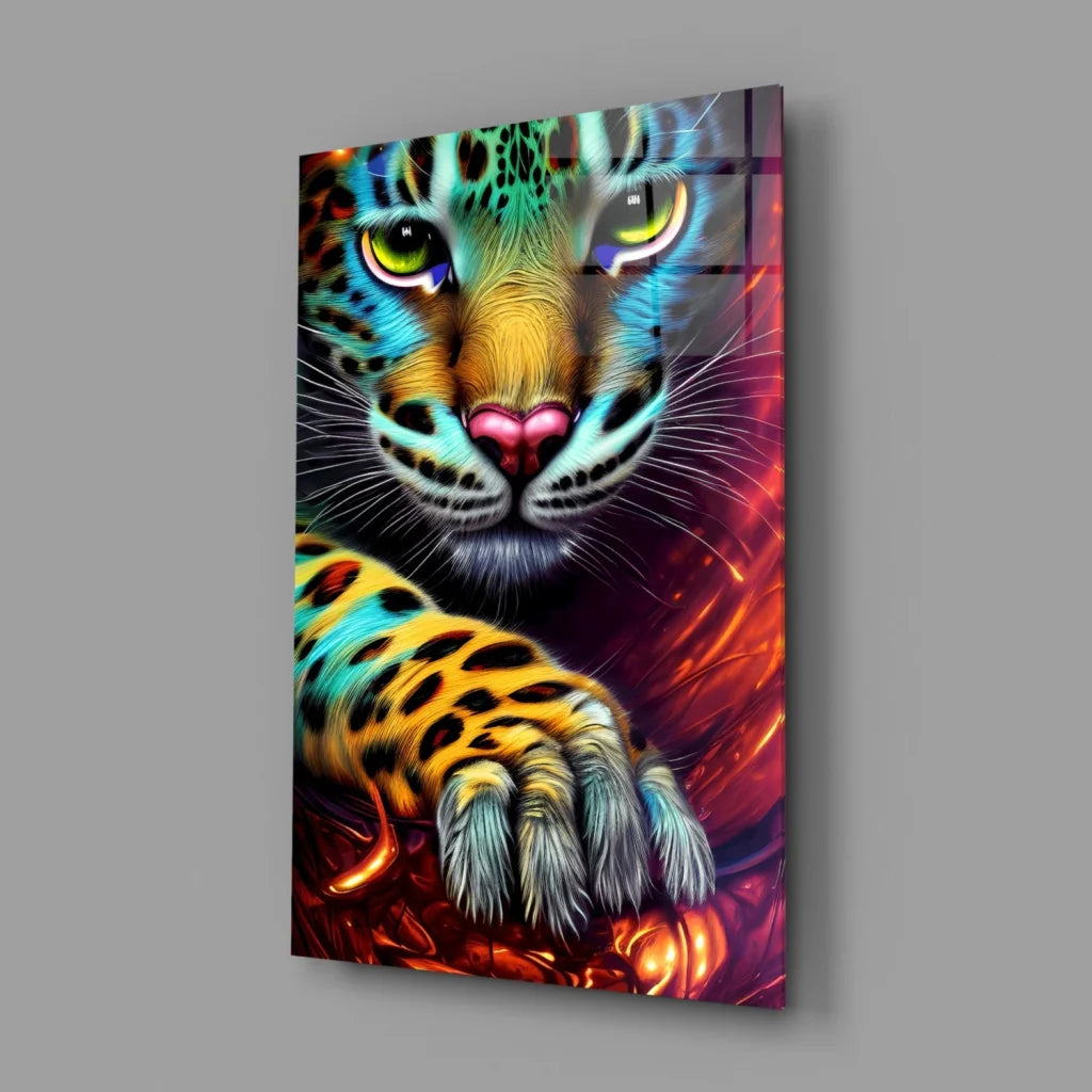 Vibrant neon jaguar glass wall art with electric green eyes