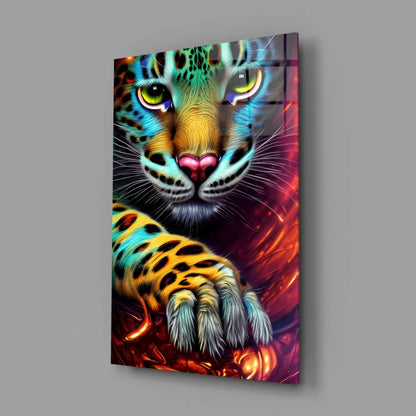 Vibrant neon jaguar glass wall art with electric green eyes