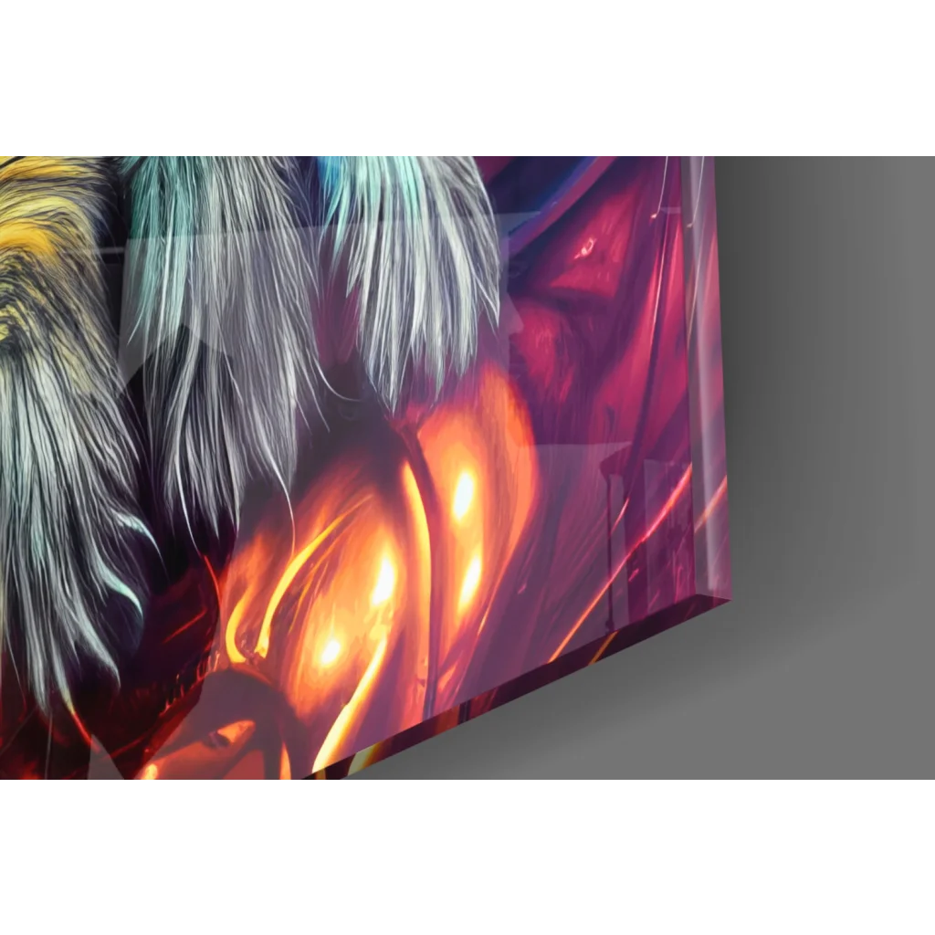 Neon Jaguar glass wall art with electric green eyes and vibrant teal hair