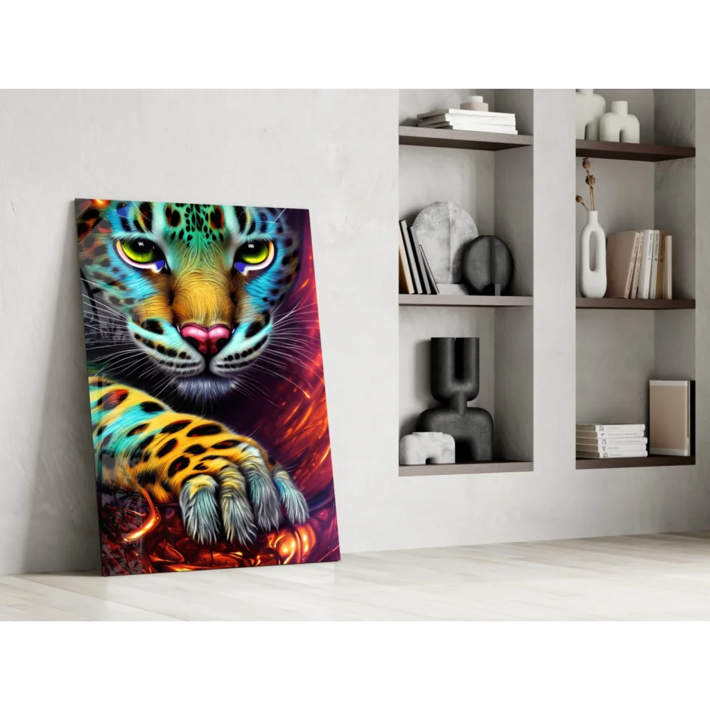 Vibrant neon jaguar glass wall art with electric green eyes and turquoise fur