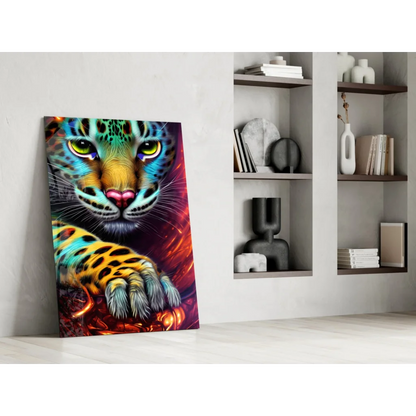 Vibrant neon jaguar glass wall art with electric green eyes and turquoise fur