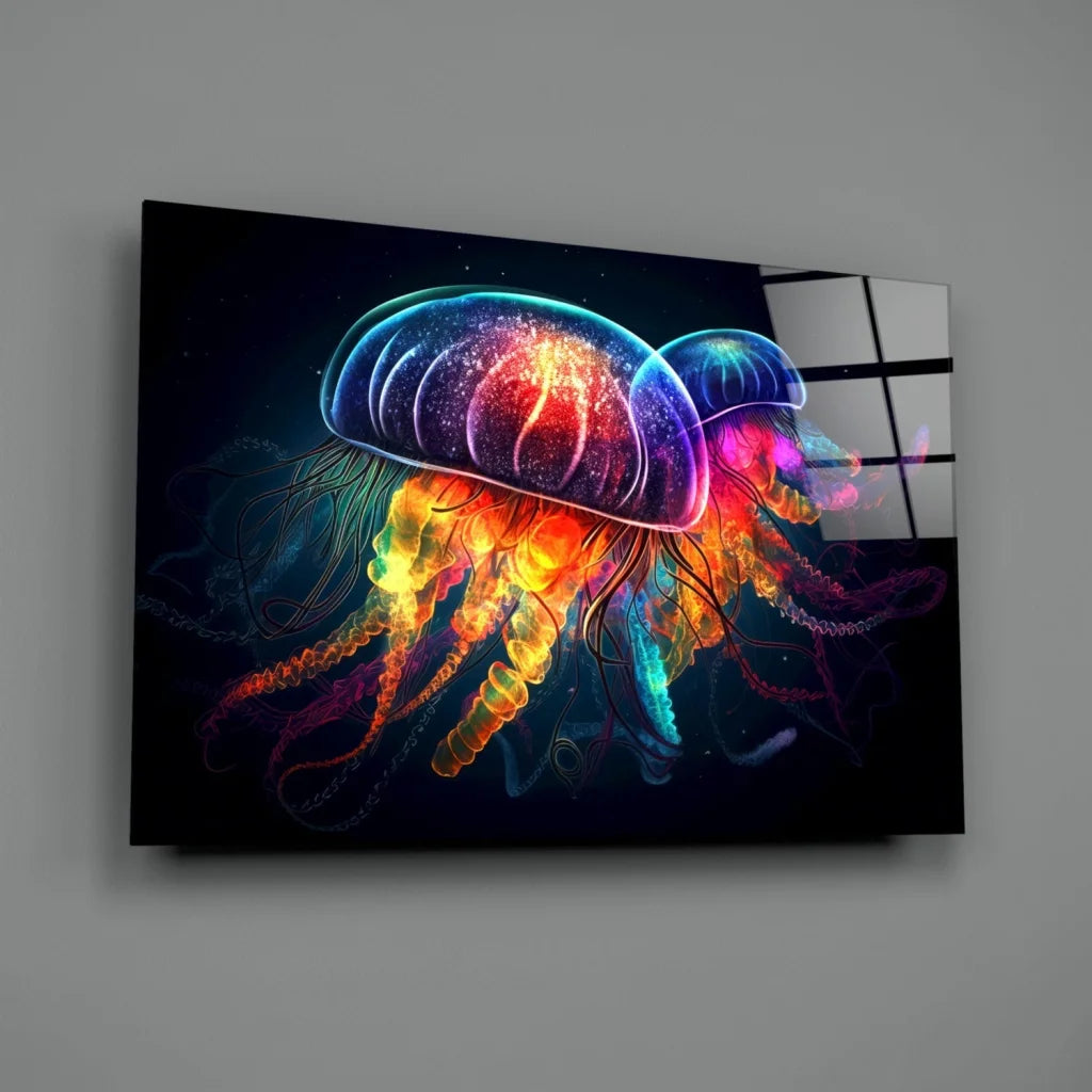 Vibrant neon jellyfish glass wall art on sleek black canvas
