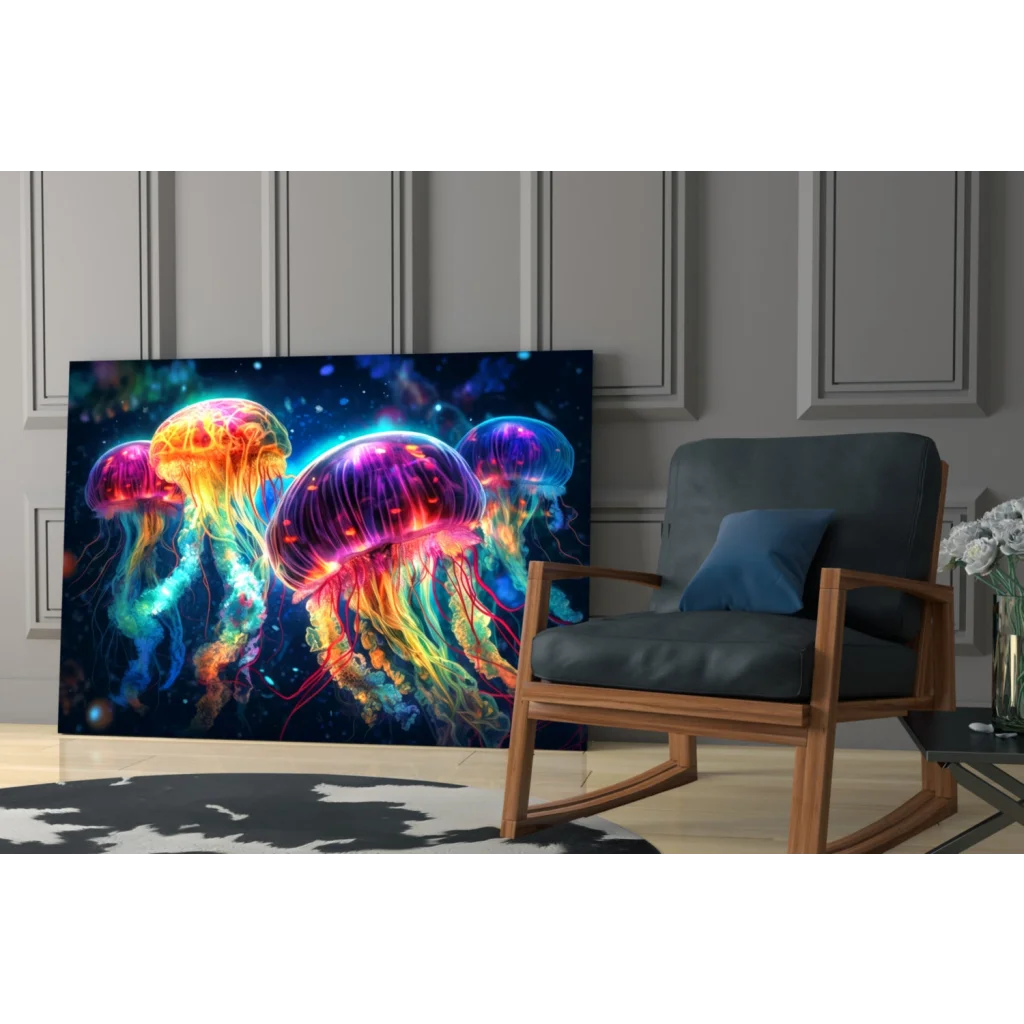 Vibrant neon jellyfish glass wall art with glowing cosmic orange, purple, blue hues