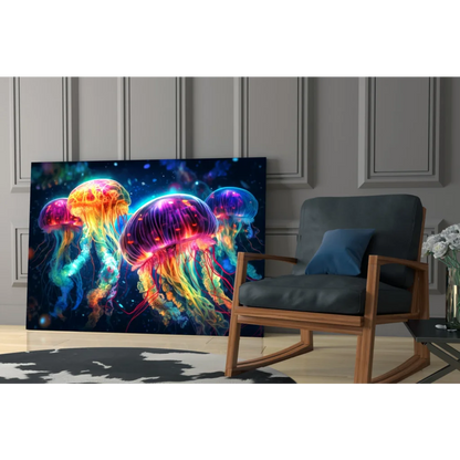 Vibrant neon jellyfish glass wall art with glowing cosmic orange, purple, blue hues