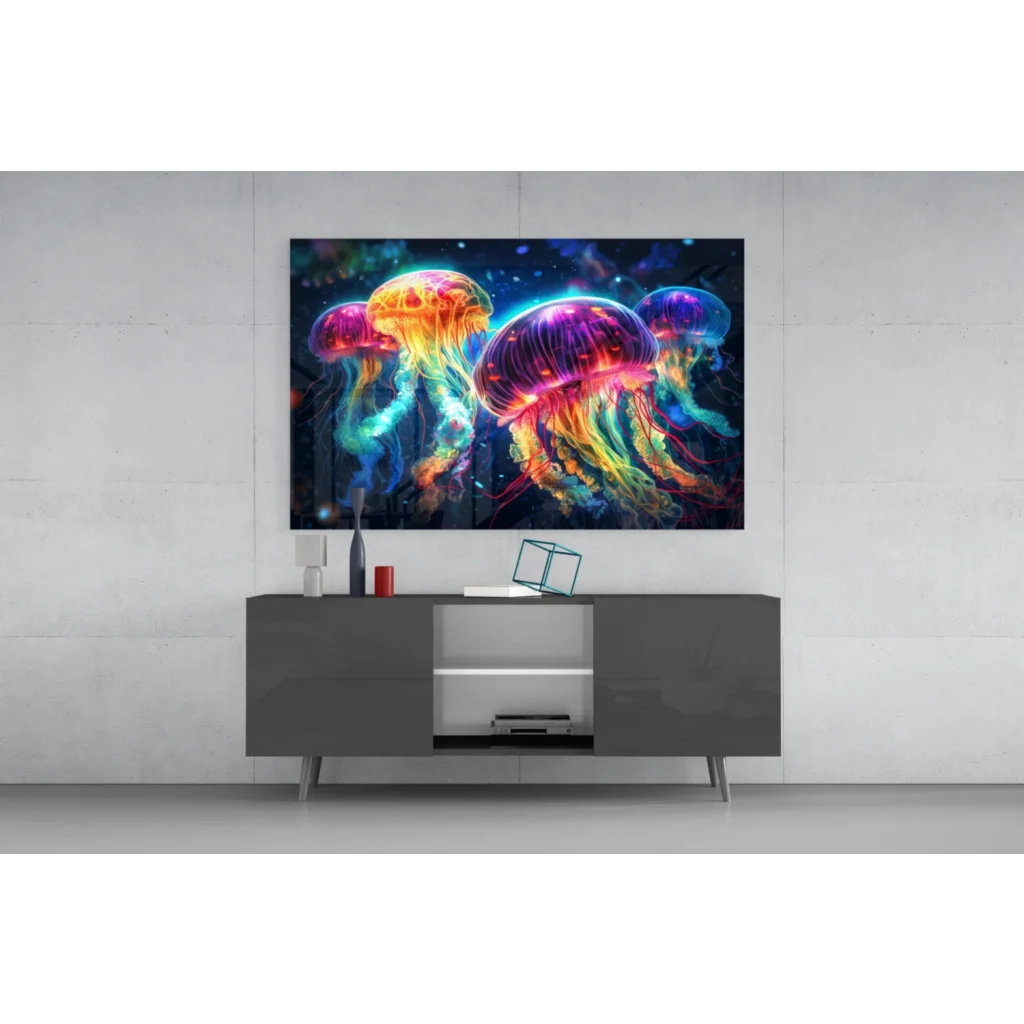 Vibrant neon jellyfish glass wall art with glowing cosmic colors on sleek canvas