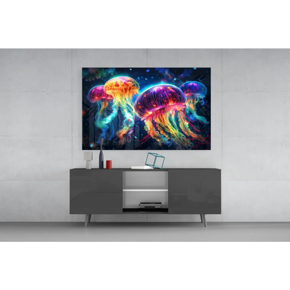 Vibrant neon jellyfish glass wall art with glowing cosmic colors on sleek canvas