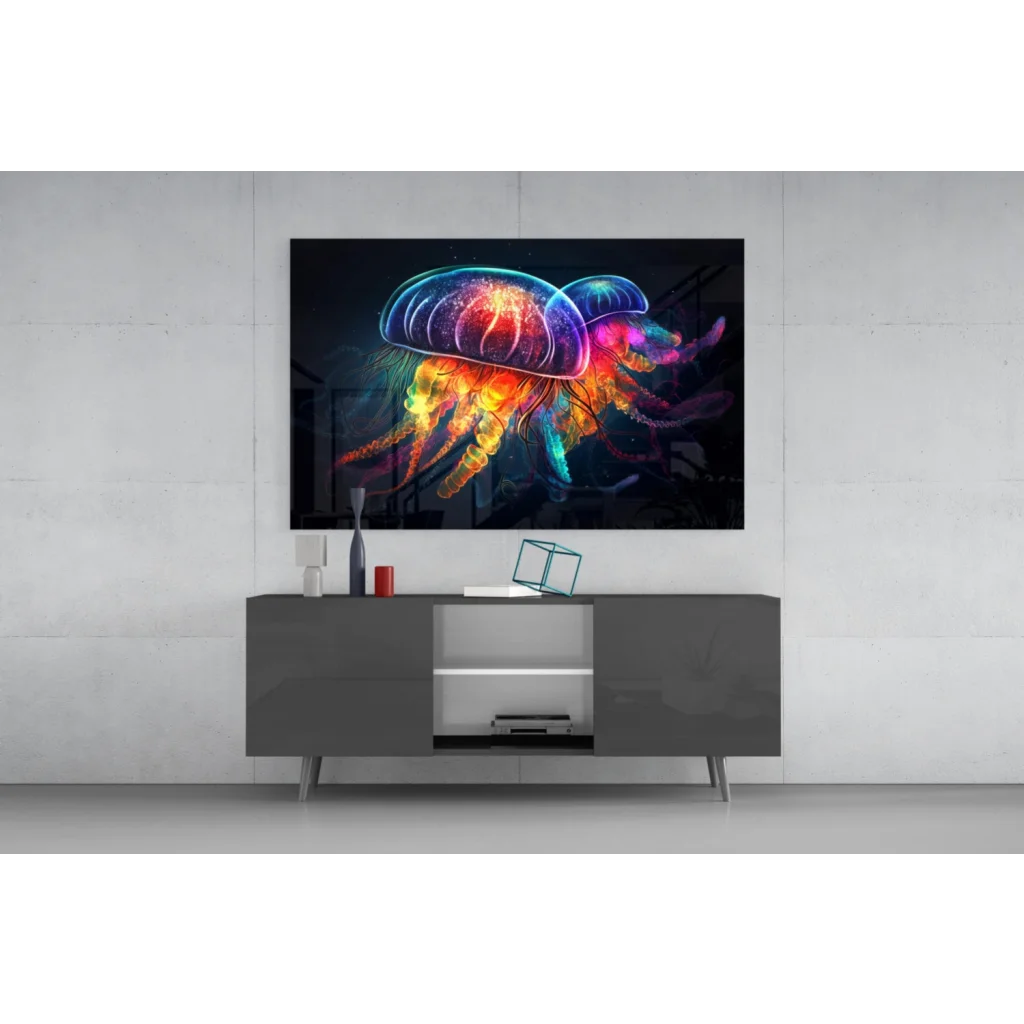 Vibrant neon jellyfish glass wall art on black canvas
