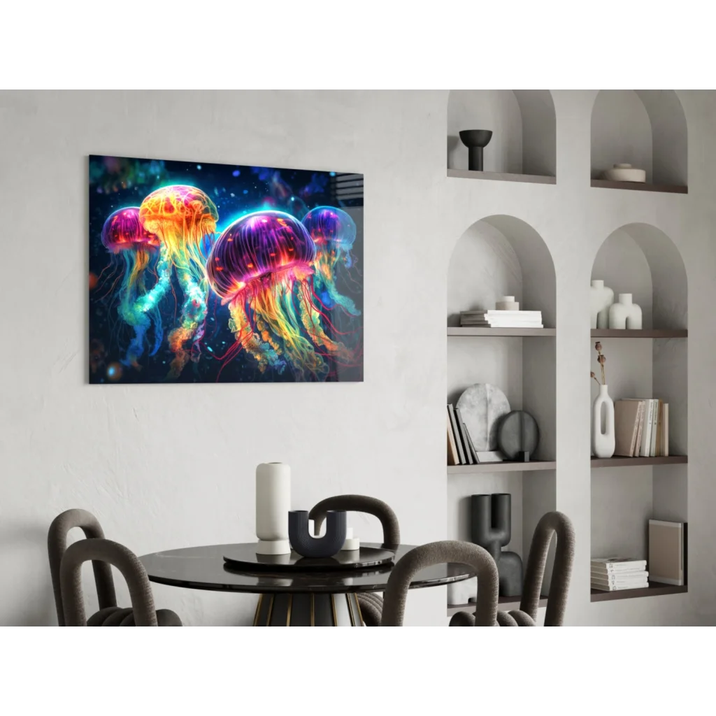 Vibrant neon jellyfish glass wall art glowing on black canvas