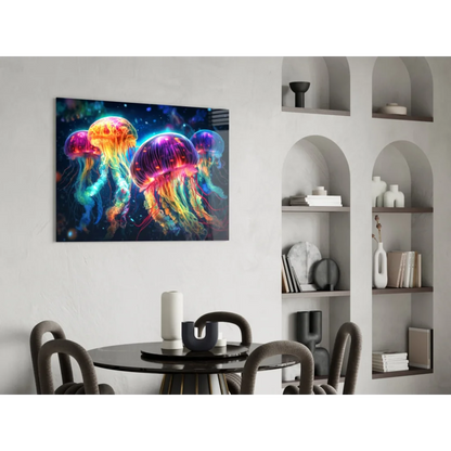 Vibrant neon jellyfish glass wall art glowing on black canvas