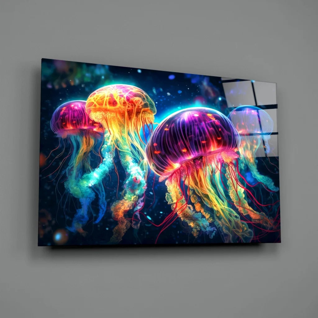 Vibrant neon jellyfish glass wall art with glowing cosmic colors on framed canvas