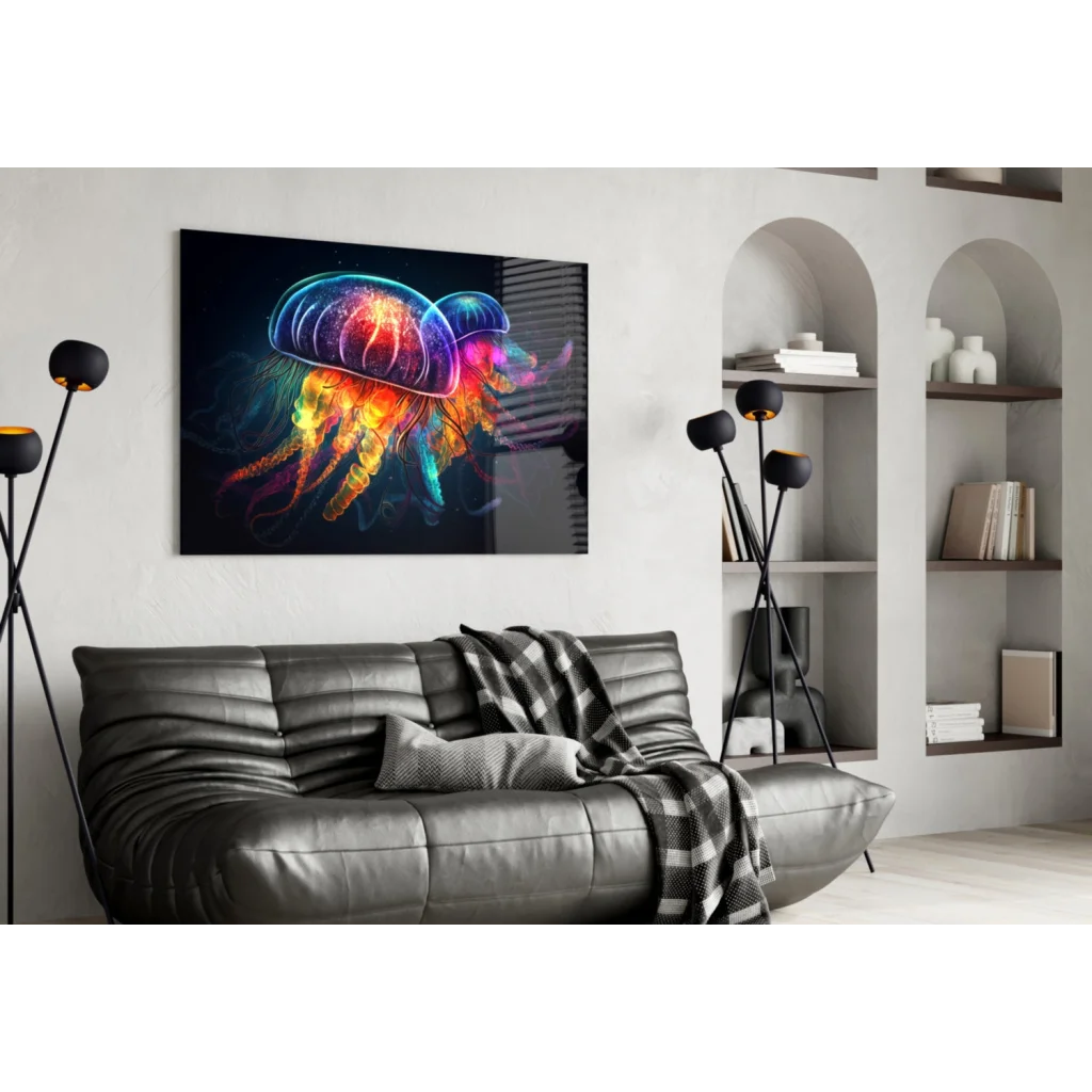 Vibrant neon jellyfish glass wall art on black canvas
