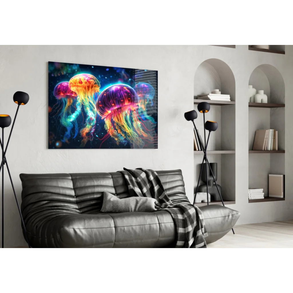 Vibrant neon jellyfish glass wall art with glowing cosmic colors