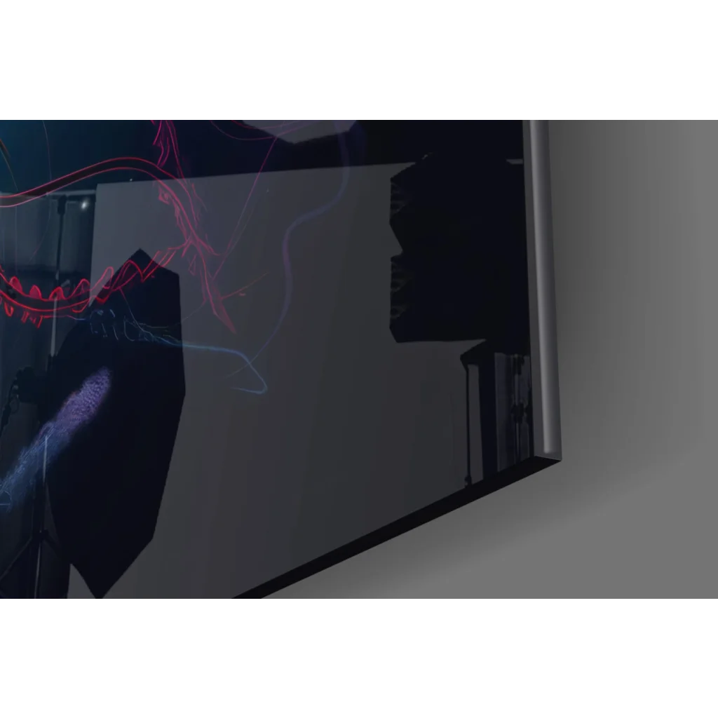 Neon jellyfish glass wall art with glowing red blue TV patterns