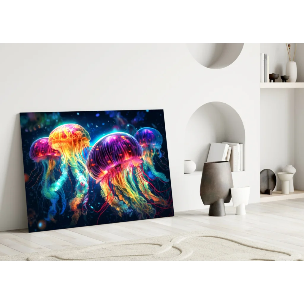 Vibrant neon jellyfish glass wall art with glowing pink, orange, purple, blue cosmic hues