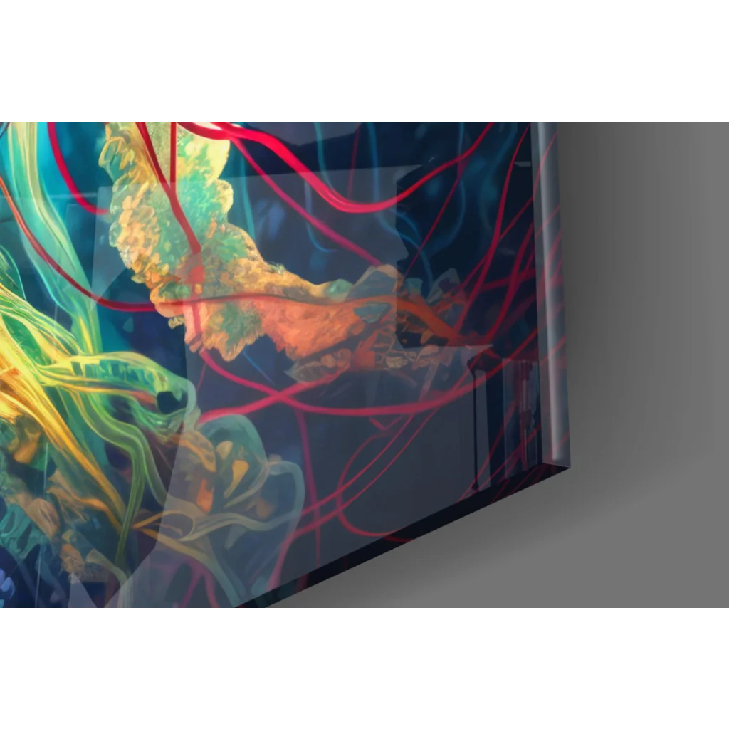 Vibrant neon jellyfish glass wall art with swirling red, green, yellow lines on dark blue