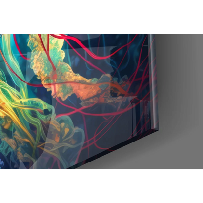 Vibrant neon jellyfish glass wall art with swirling red, green, yellow lines on dark blue