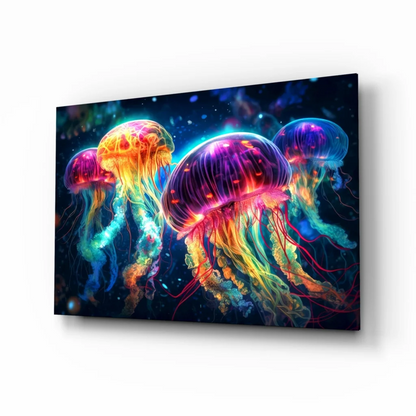 Vibrant neon jellyfish glass wall art with glowing cosmic colors