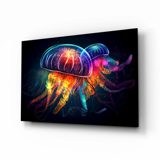 Vibrant neon jellyfish glass wall art on black canvas